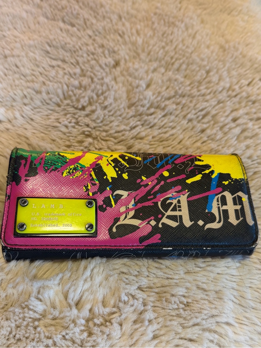 Vintage L.A.M.B. Black Wallet with Neon Paint Splatter